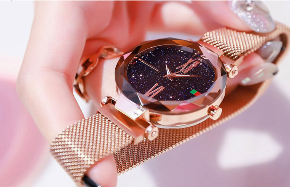 高級レディース腕時計 メッシュ レディース時計 マグネットバックル 星空ダイヤモンド 幾何学模様 クォーツ腕時計
