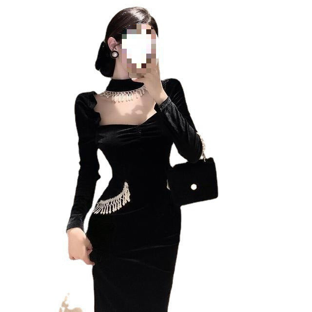 푹신한 소매 스퀘어 칼라 진주 턱받이 벨벳 블랙 드레스 드레스