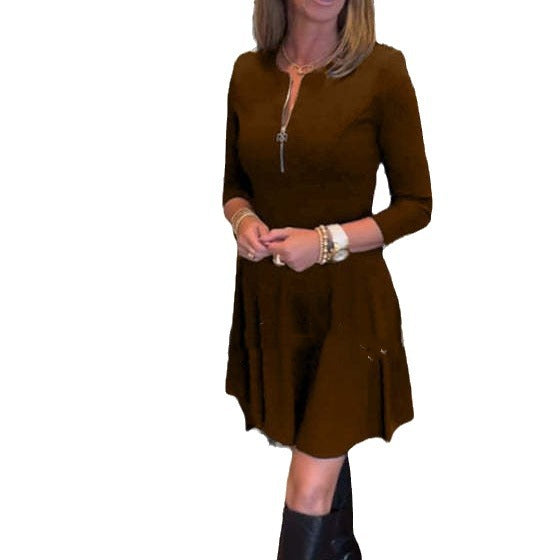 여성용 솔리드 컬러 슬림 라운드 넥 긴 소매 지퍼 드레스