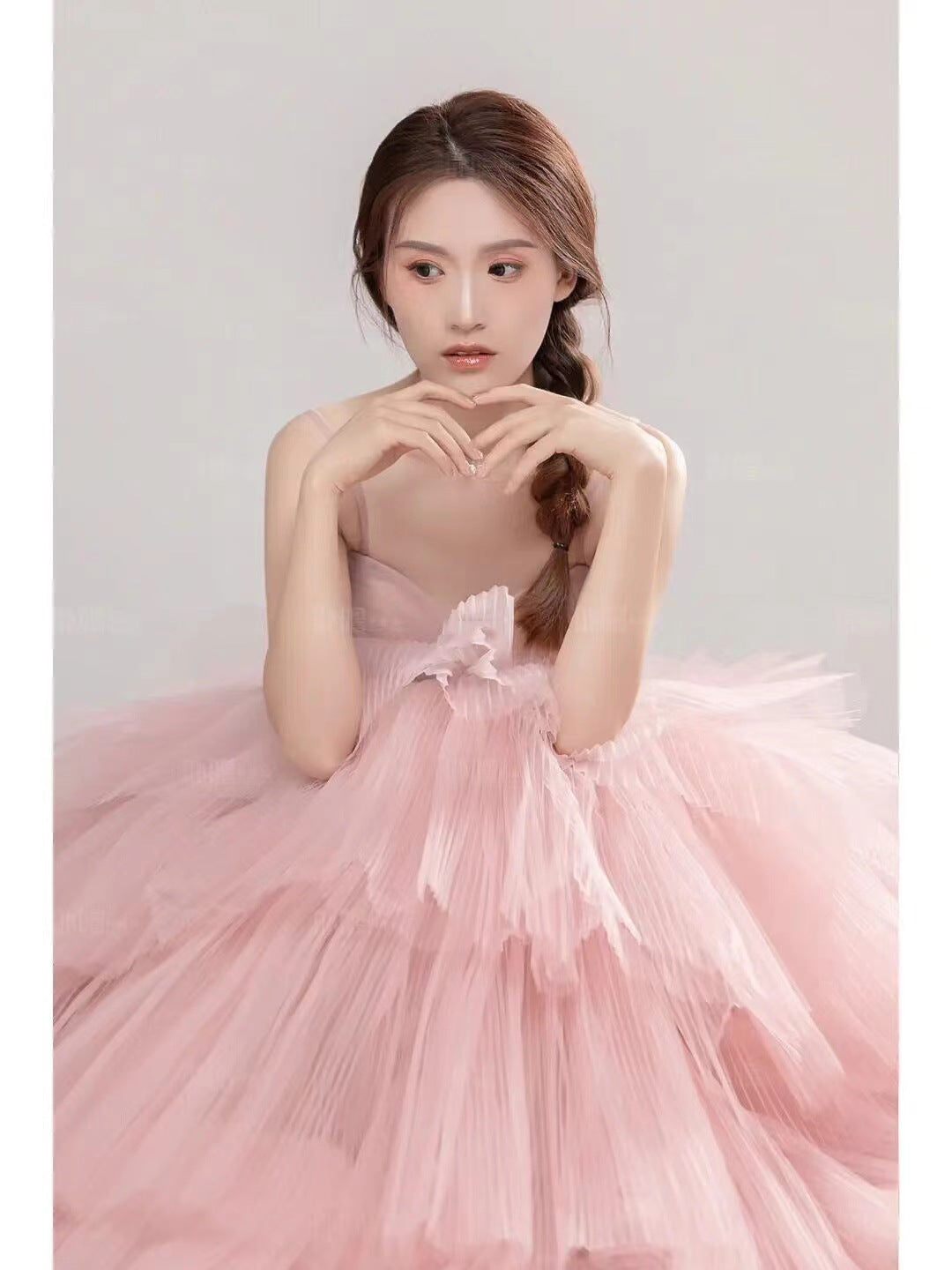 エレガントな女の子のウェディング写真撮影ドレス ピンク ホワイト