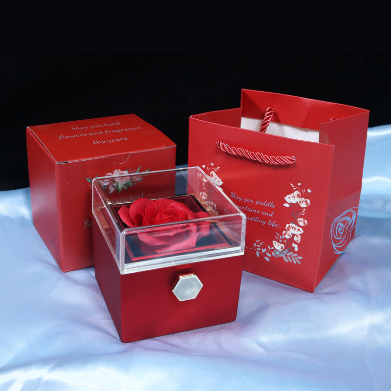 回転するソープフラワーローズギフトボックス クリエイティブな回転するローズジュエリーパッケージボックス 女性へのバレンタインデーギフト